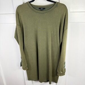very j Women Crew Neck Long Sleeve Olive Green Tunic Dress Size M Lace Up Detail